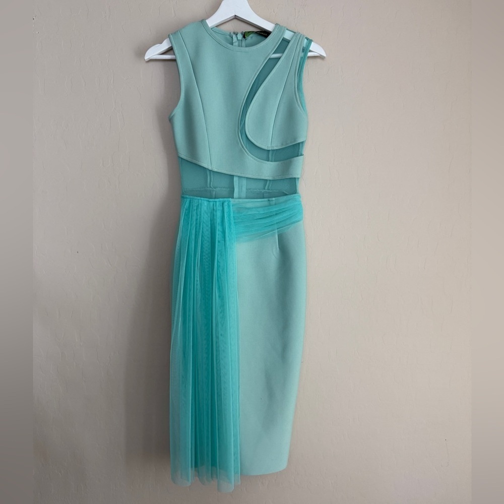 Weasel Wear Pinup Dress Water Cascading Bandage Aqua Mermaid Sheer Pencil XS - Picture 2 of 14